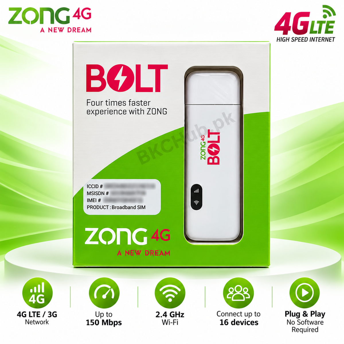 Zong BOLT 4G USB Wi-Fi device W03, with centered BKCHub.pk watermark and sensitive identifiers blurred